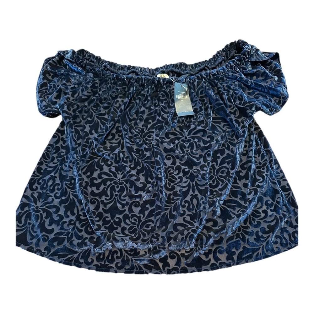 Hollister Midnight Blue Velvet Burnout Off Shoulder Peasant Blouse NWT Medium - Picture 4 of 12